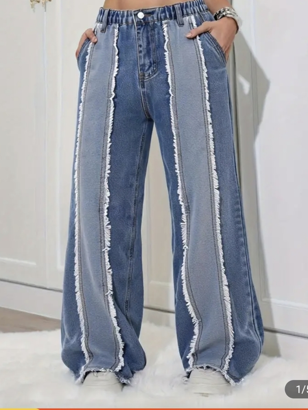 Frayed Two-Tone Denim Jeans